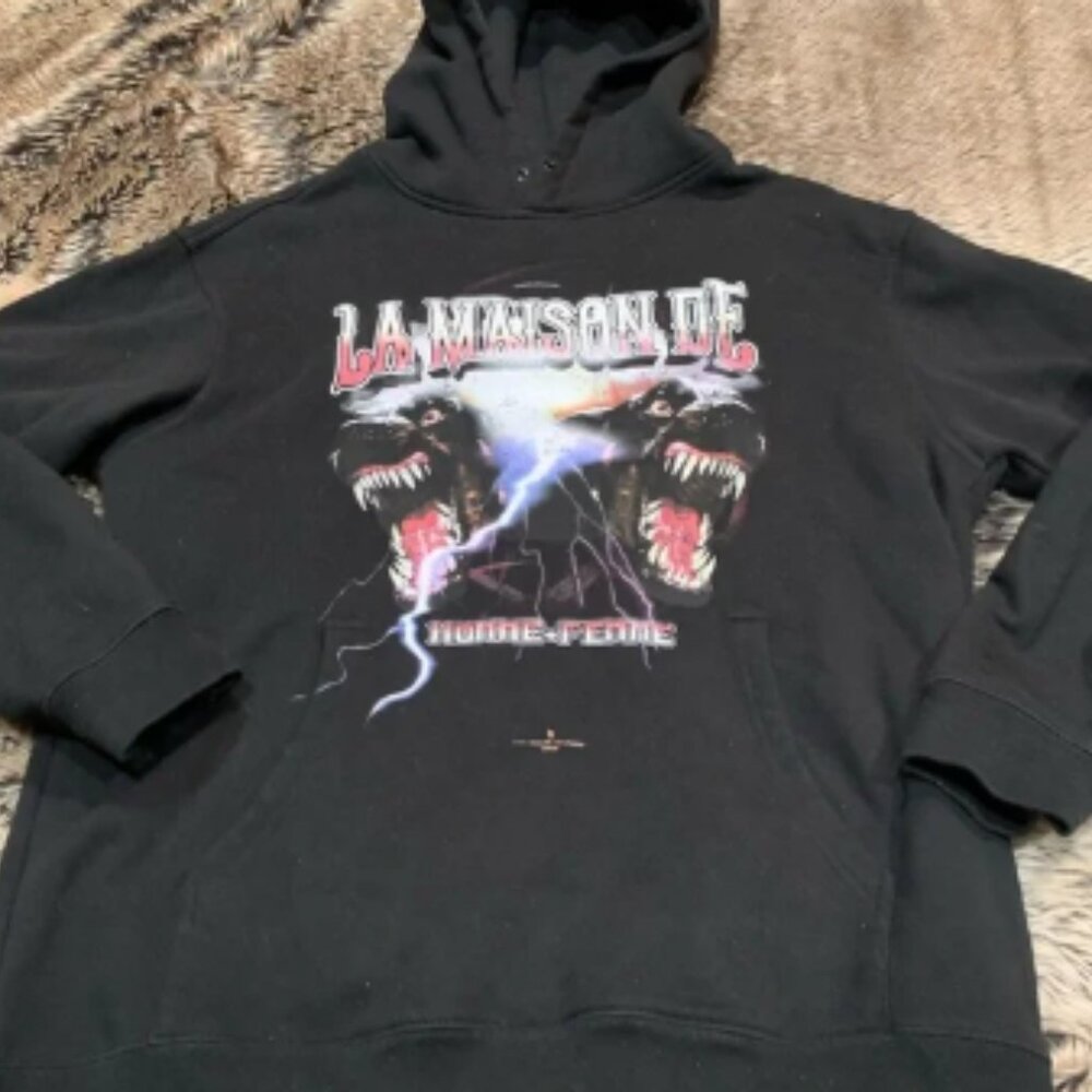 Homme + Femme Black Hoodie La Maison De two guard dogs protecting the house.